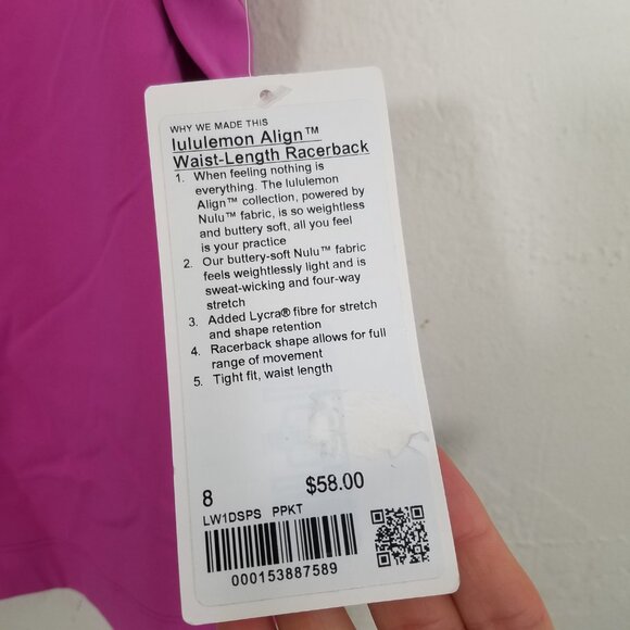 NWT Lululemon Align Waist-Length Racerback Top PPKT Size 8 - Picture 2 of 3
